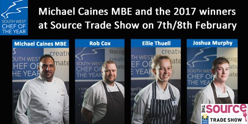 Join us <a href="/SourceFoodDrink/">The Source trade show</a> on 7th &amp; 8th Feb <a href="/WestpointExeter/">Westpoint Exeter</a> for demos by <a href="/michaelcaines/">Michael Caines MBE DL</a> and 3 of our 2017 winners <a href="/robthekingcox/">Robert Cox</a>, <a href="/ellie_thuell/">Ellie Thuell</a> and <a href="/JoshuaTJMurphy/">Joshua Murphy</a>