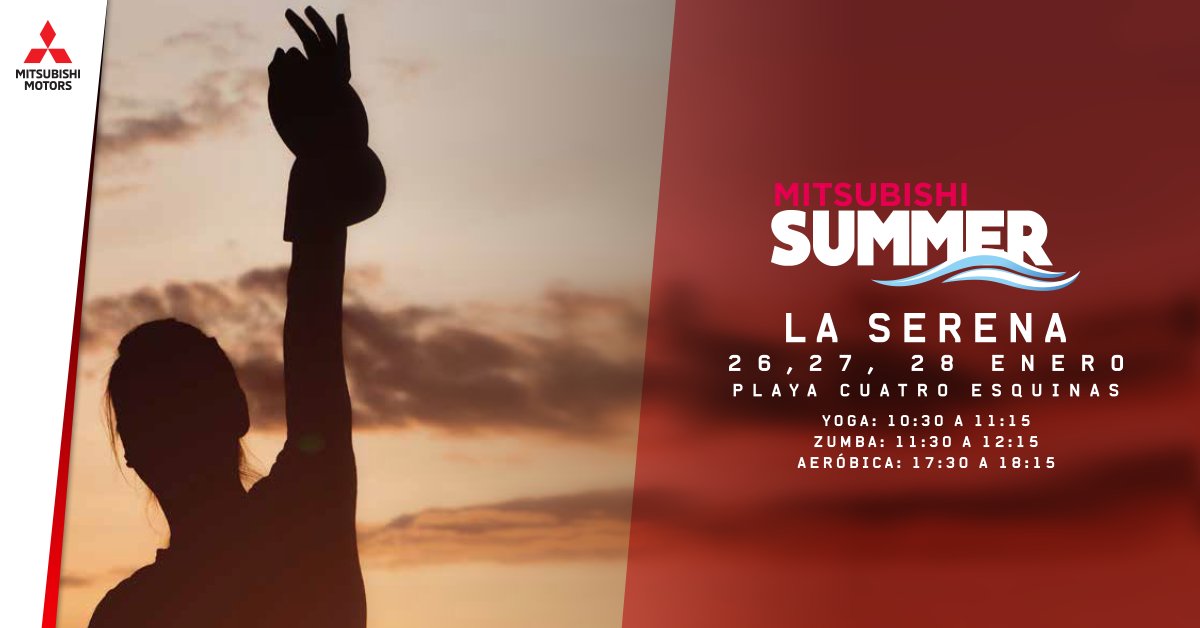 ¡Atención #LaSerena, estas vacaciones no paramos de movernos! Nos vamos a Playa Cuatro Esquinas para llevarles toda la entretención con clases gratuitas de yoga, zumba y aeróbica. ¡Agenda tu cupo en nuestro stand! #MitsubishiSummer