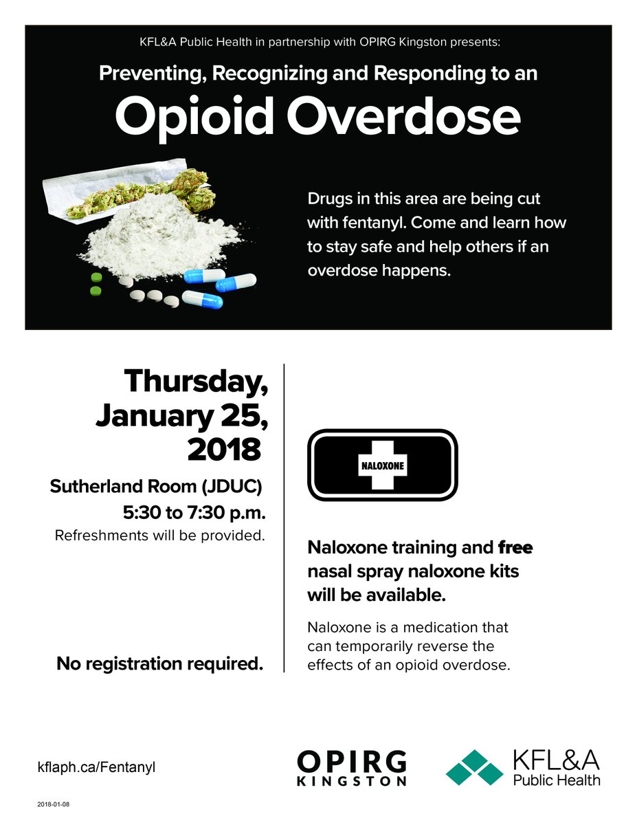 kingston_helps's tweet photo. @KFLAPH in partnership with @opirgkingston   - Preventing, Recognizing, and Responding to an Opioid Overdose - Thursday January 25, 2018 Queen's Campus - Sutherland Room (JDUC) 5:30 to 7:30 p.m. Refreshments will be provided. https://t.co/YAMfJKsEHd