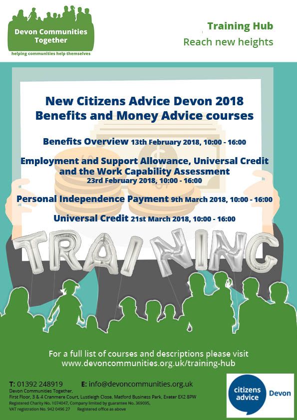 DevComsTogether's tweet image. @CabDevon Less than a month! Refresh your #knowledge with a #BenefitsSystem overview &amp;amp; introduction to #UniversalCredit and how it may affect you. 13th Feb 10:00-16:00. For more info or to book a place visit: buff.ly/2DWHfXV #CABDevon #Devon #Training #CitizensAdvice
