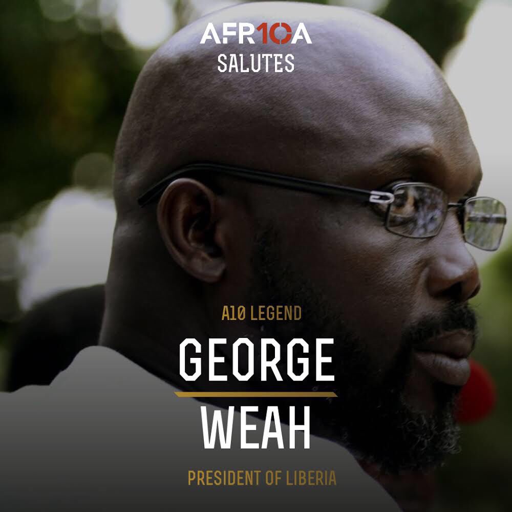 Africa10's tweet image. We proudly celebrate our A10 legend; His Excellency @GeorgeWeahOff ; 24th President of the Republic of Liberia. 
From slum boy to FIFA Ballond'or winner to President.
•
 #africa10 - Greatness is timeless 🏆⚽️🏅👑🙌🙏
#GeorgeWeah 
#Liberia