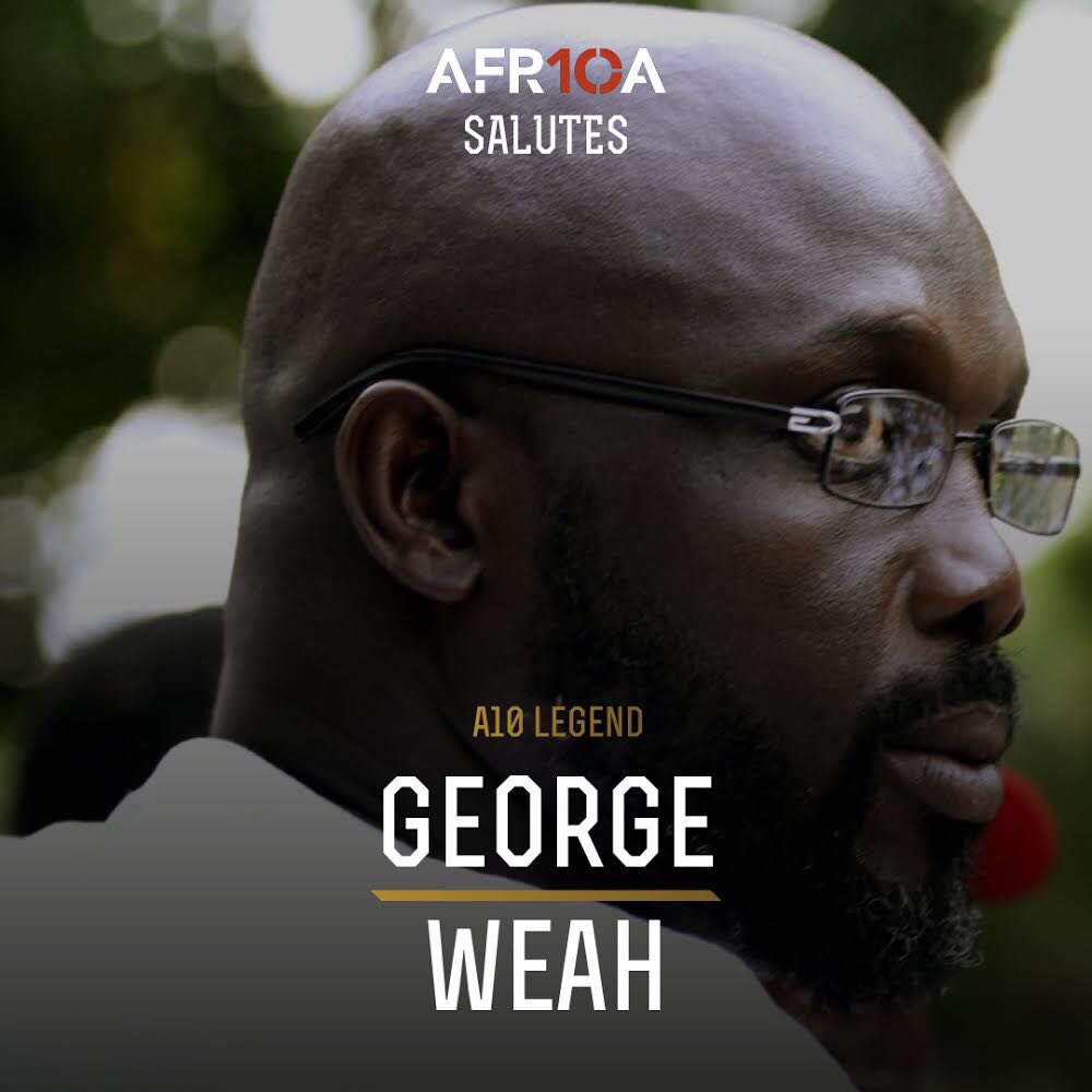Africa10's tweet image. We proudly celebrate our A10 legend; His Excellency @GeorgeWeahOff ; 24th President of the Republic of Liberia. 
From slum boy to FIFA Ballond'or winner to President.
•
 #africa10 - Greatness is timeless 🏆⚽️🏅👑🙌🙏
#GeorgeWeah 
#Liberia