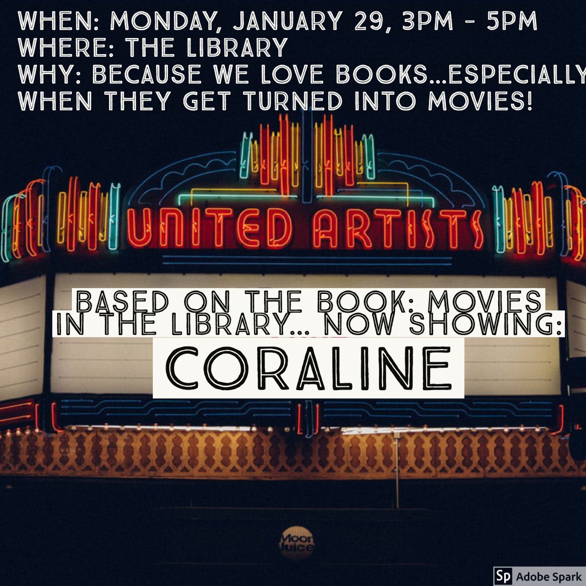 Library_ASM's tweet photo. So excited for our #basedonthebook movie night on January 29th!! Join us to watch Coraline from 3pm-5pm and compare it to @neilhimself's creepy and delightful book! https://t.co/Spixni2TZ1