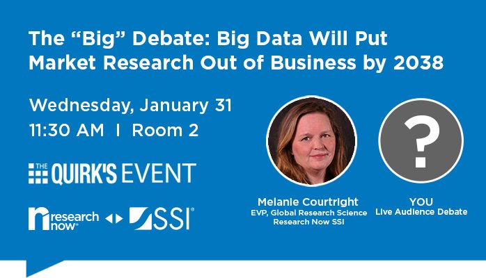 We're just about a week out from the #QuirksEvent! You won't want to miss our lively debate where, in this instance, it’s the audience who will argue the case. Come prepared with your best arguments about big data and how it will impact research #mrx bit.ly/2Dzovk6