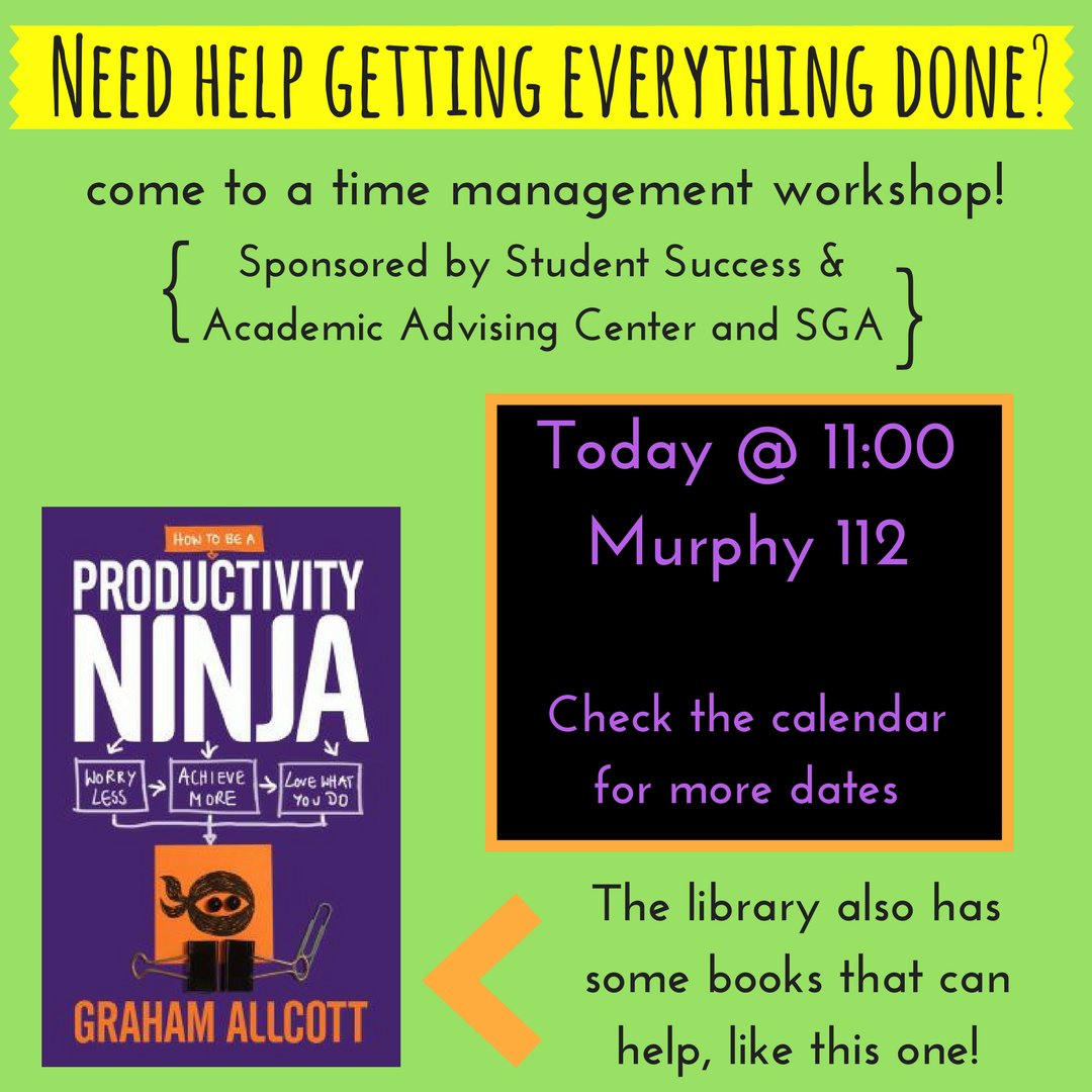 Trying to figure out how to get everything done this semester?  Want a free 2018 planner?  Come to the time management workshop today at 11 in Murphy 112!  Sponsored by <a href="/MWSUadvising/">MWSU Student Success</a> <a href="/SGAMWSU/">MWSU Student Government Association</a> Don't forget to check the library for other resources that might help you out!