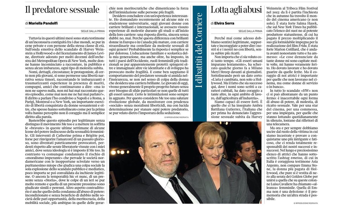 Lo scandalo #Weinstein ha fatto alle donne un grande regalo: la consapevolezza della propria forza. Adesso non bisogna disperderla. 
Ne parlo oggi sul Corriere del Mezzogiorno