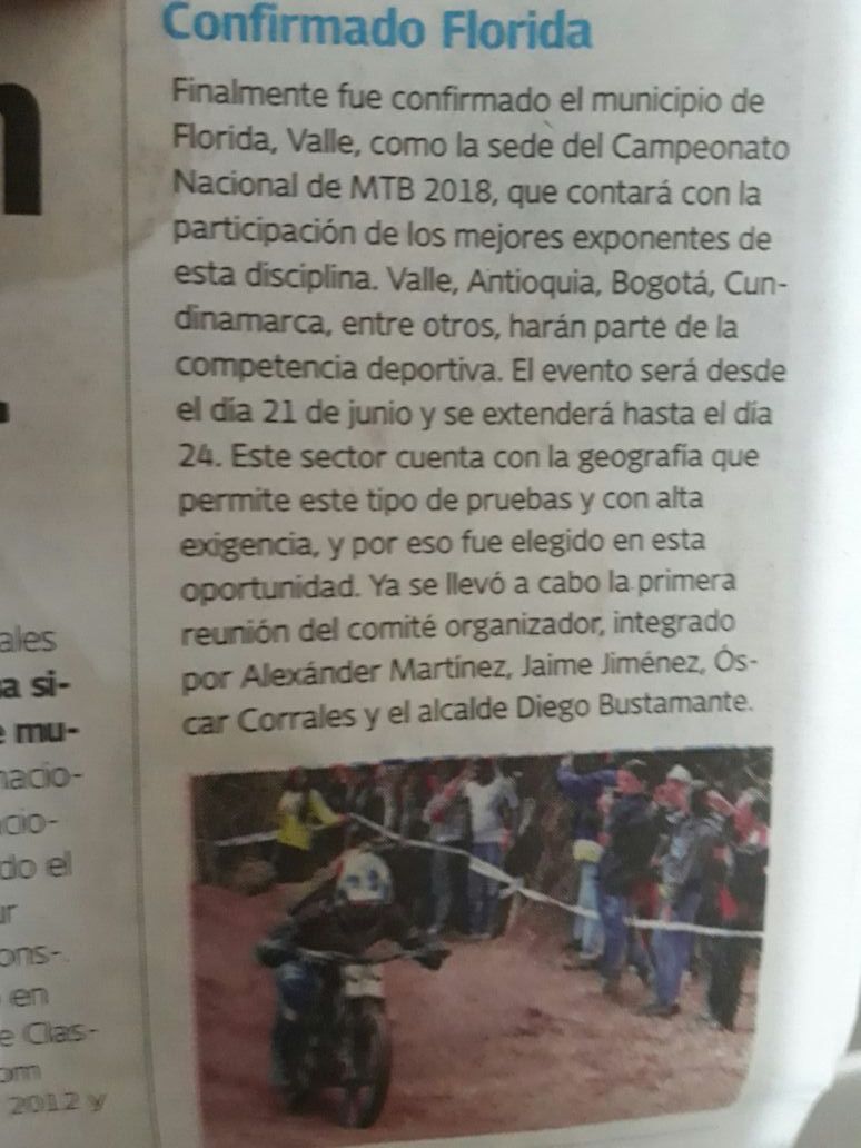 FloridaMTB2018's tweet photo. Así registró el diario el país de Cali el inicio de actividades del Comité organizador del campeonato Nacional de MTB Florida 2018 que se disputará 21 al 24 de junio de este año. #FloridaEsMTB2018 - https://t.co/m6T3T5Hycs