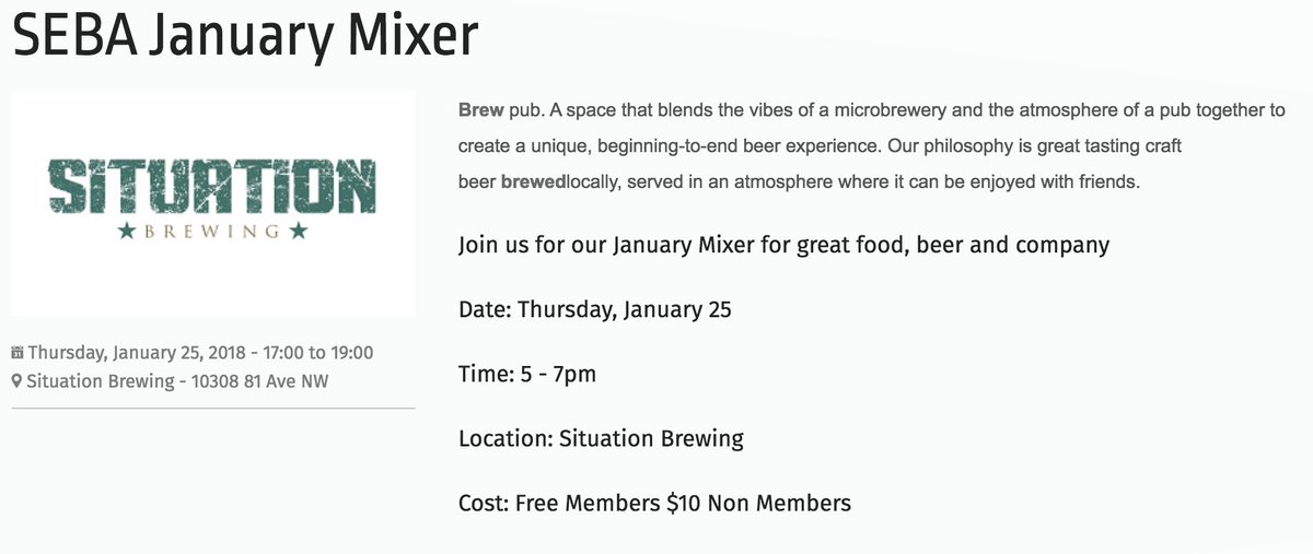 yourYEGBA's tweet image. Join the Edmonton Business Association @SituationBeer  on Thursday, January 25 from 5 - 7pm for our monthly Mixer. Great food, beer and company! Free for Members $10 Non Members. #EBAMixer #YEGbiz #YBCevent