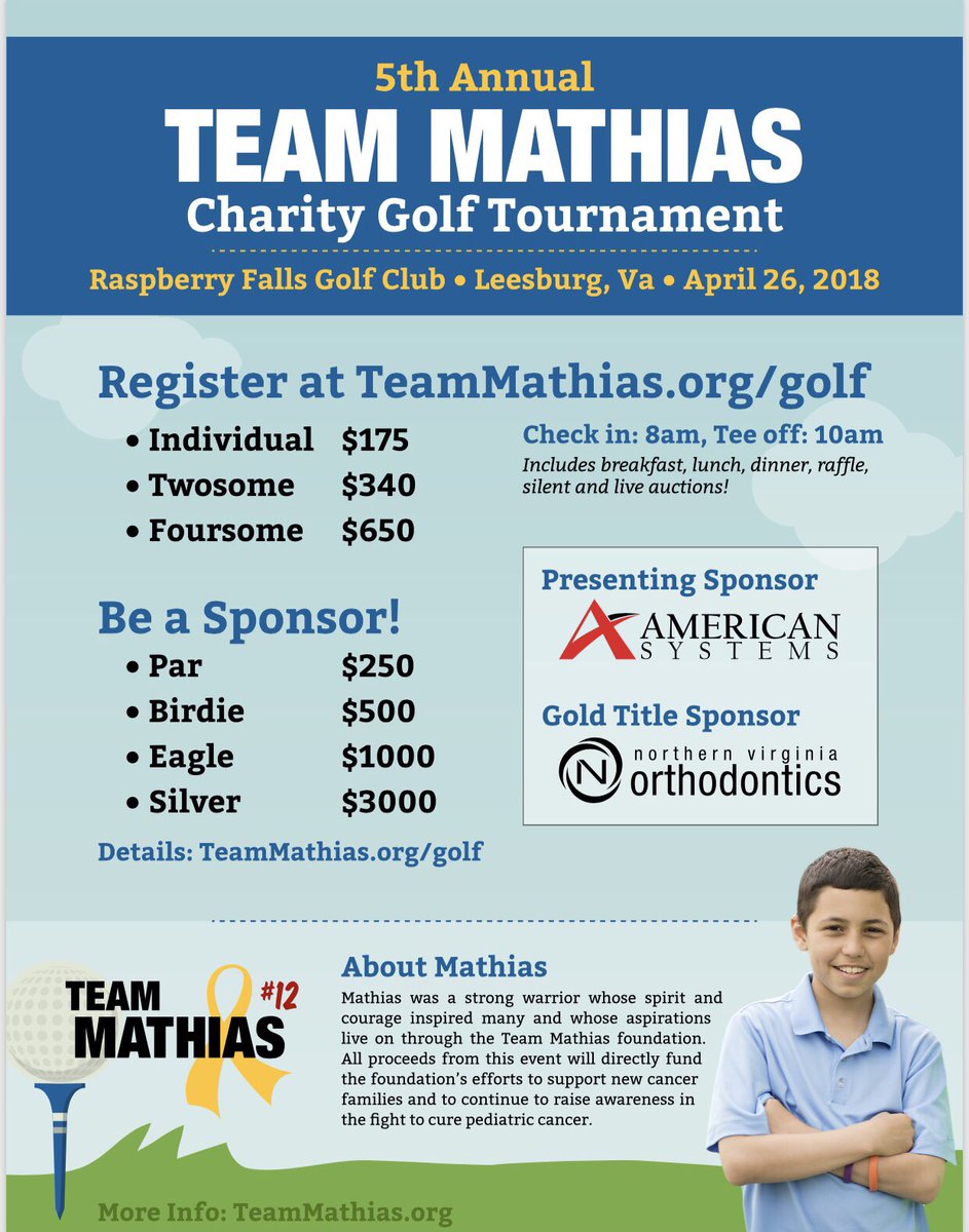 RoyaGio's tweet image. Calling All Golfers! 
The registration for our 5th Annual Team Mathias Charity Golf Tournament is now OPEN! 
Register at TeamMathias.Org/golf 
#MathiasStrong #Golf #Charity #TeamMathias #KidsGetCancerToo #RaspberryFalls #Leesburg #Virginia RT