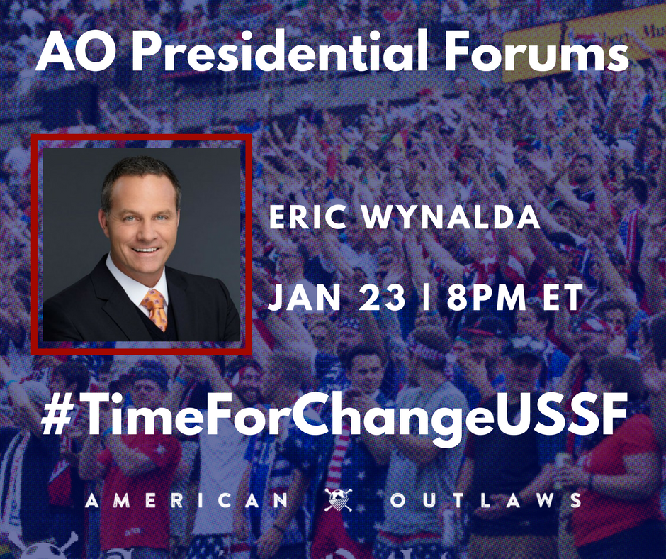 AmericanOutlaws's tweet image. TONIGHT:

We're speaking with @EricWynalda as part of our AO Presidential Forums! Your email has info on how to access and submit question. #TimeForChangeUSSF