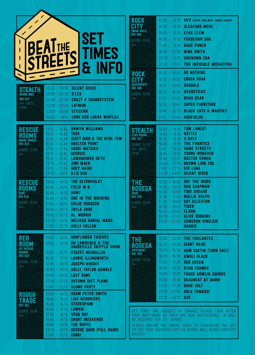 Beat_Streets_'s tweet photo. 🏠 SET TIMES ANNOUNCED! 🏠

We’re thrilled to bring you the set times for this Sunday’s #BeatTheStreets 2018!
Get planning your pick of Nottingham’s finest talent and grab your ticket here: https://t.co/oQ8HwxyOEz 

Set Times PDF here: https://t.co/lfPvQ0uYCw https://t.co/hAcu4mbXLS