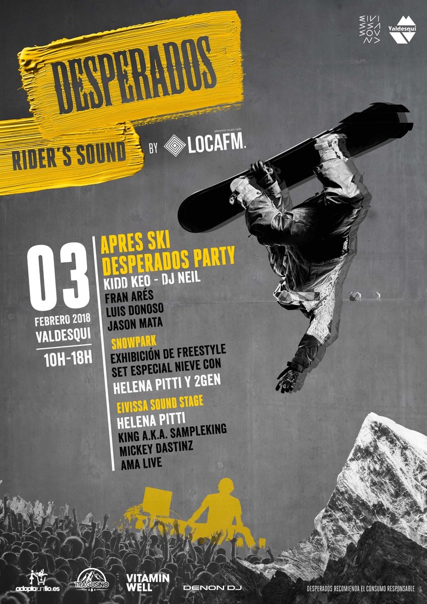 locafm's tweet photo. 🤟🤟 LLEGA DESPERADOS RIDER´s SOUND by LOCA FM 🤟🤟  

Vete preparando porque el próximo ❄️3 de FEBRERO❄️ llega @Desperados_es Rider´s Sound by Loca FM el primer festival de música y nieve a  @ValdesquiCotos 

Muy pronto, ¡más sorpresas! https://t.co/2ZXuNXPrUK