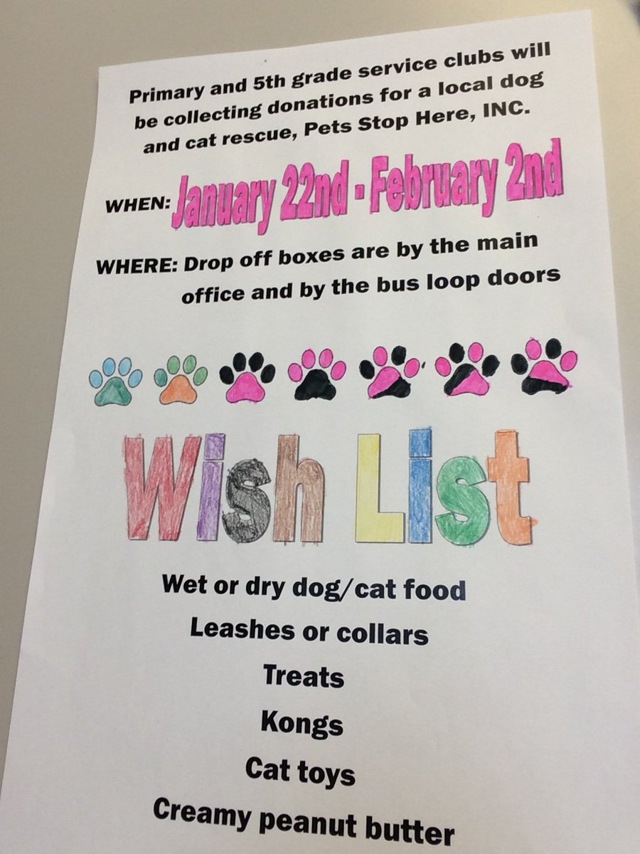 PRS_PrimarySC's tweet photo. RETWEET! PRS's service clubs will be collecting donations for Pets Stop Here Rescue which is housed at @PupStopsHere in Gates. 5th grade service club is also making blankets for the rescue. Thank you @PRSFA_GC for providing the funds for blanket supplies! #GCpride #PRS50 https://t.co/pbXEz4vd1h