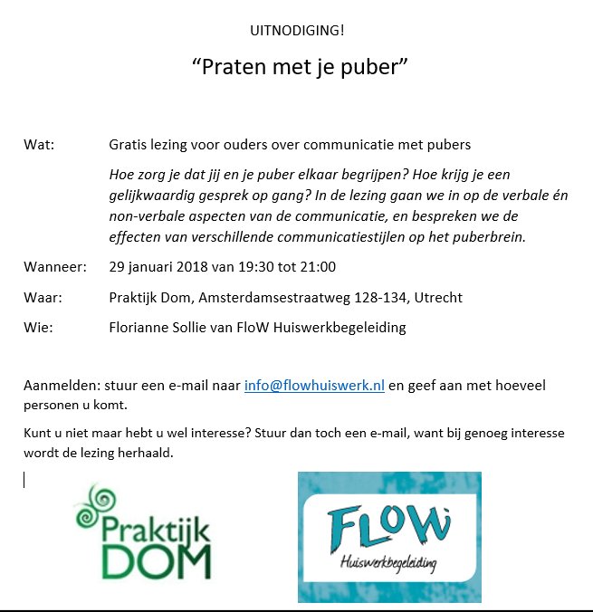 "Hoe zorg jij ervoor dat jij en je puber elkaar begrijpen?" deze + vele andere vragen worden besproken tijdens bijeenkomst "Praat Met Je Puber" van Florianne van FloW Huiswerkbegeleiding. Meer info? Lees het op onze site: bredeschoolutrecht.nl/ondiep/hoe-zor… #Ondiep