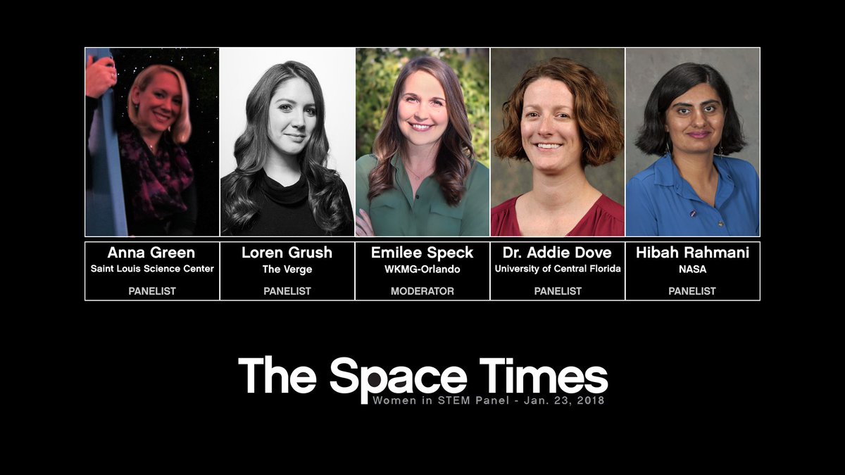 Tonight's our #SpaceTimes "Women in STEM" panel! Join us for a discussion of the past, present, and future of women in the STEM fields with our panel of experts.

<a href="/EMSpeck/">Emilee Speck</a> | @Starry_Anna | <a href="/lorengrush/">Loren Grush</a> | <a href="/astroaddie/">Addie Dove</a> | <a href="/HibahRahmani/">Hibah Rahmani</a>