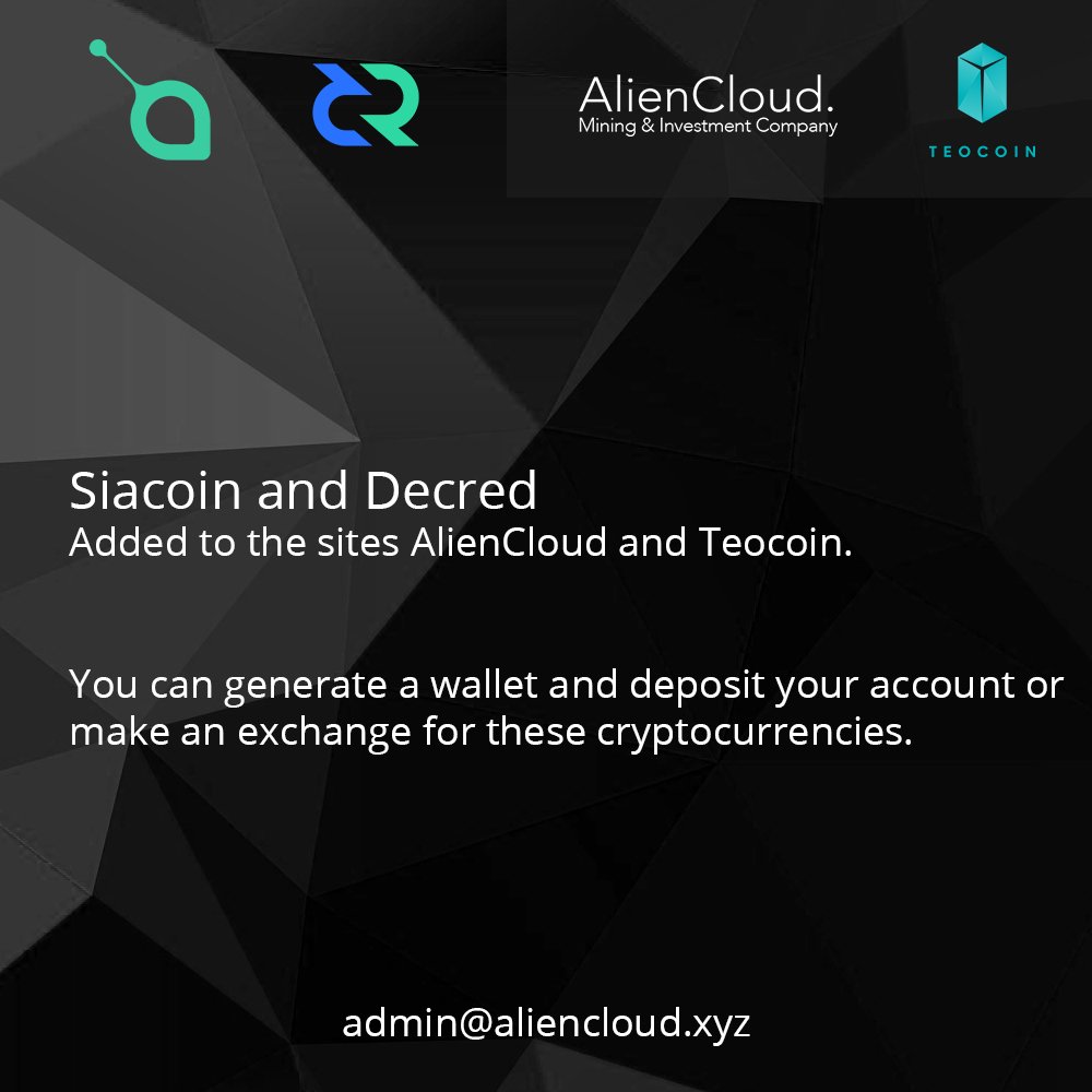 AlienCloudxyz's tweet photo. #Bitcoin #cloudmining #mining #ethereum #AlienCloud #ICO #Siacoin #Decred https://t.co/yAM7yHe5Ad