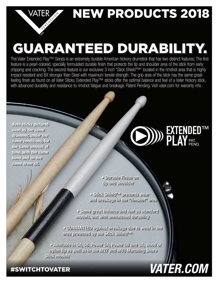 2018 New <a href="/VaterDrumsticks/">Vater Drumsticks</a> Extended Play Series! Guaranteed Durability. Check them out at Vater.com and <a href="/NAMMShow/">NAMMShow</a> Booth #7843 Hall C. #namm2018