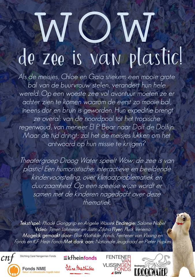 "Wow, de zee is van Plastic!" Op vrijdag 1 feb om 16.00 speelt Theater Droogwater de voorstelling "Wow, de zee is van Plastic" in <a href="/SpeeltuinNP/">SpeeltuinNoordsepark</a> . Iedereen, van 6 jaar en ouder, is van harte welkom! toegang is gratis!