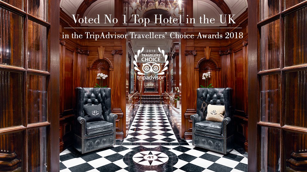 41Hotel's tweet photo. Thanks to your reviews, we are proud to announce that we've been named No. 1 Hotel in the UK in the @TripAdvisor #TravellersChoice Awards 2018! https://t.co/PA3mgGXWL7