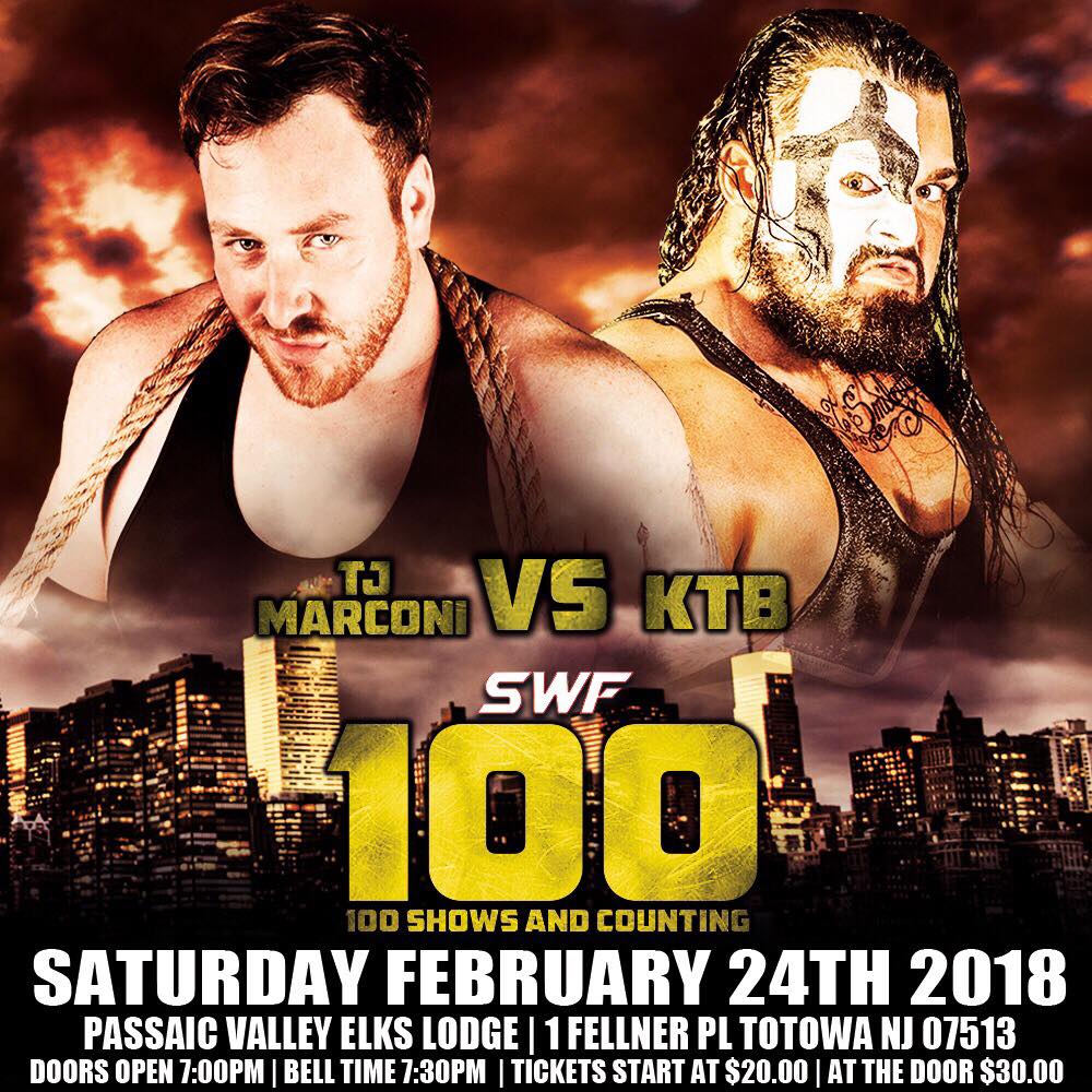 SWFLive's tweet photo. *PLEASE RT*
1st Time Ever in SWF
Live at #SWF100 in Totowa NJ

@TJMarconi vs @KTB_mauls

These 2 are killing it everywhere they go. Now they fight for potentially the SWF World Title (If TJ retains over @GrimsToyShow on 2/16)

Tickets: https://t.co/E5PjLWUefW https://t.co/1Ps6jThHbc