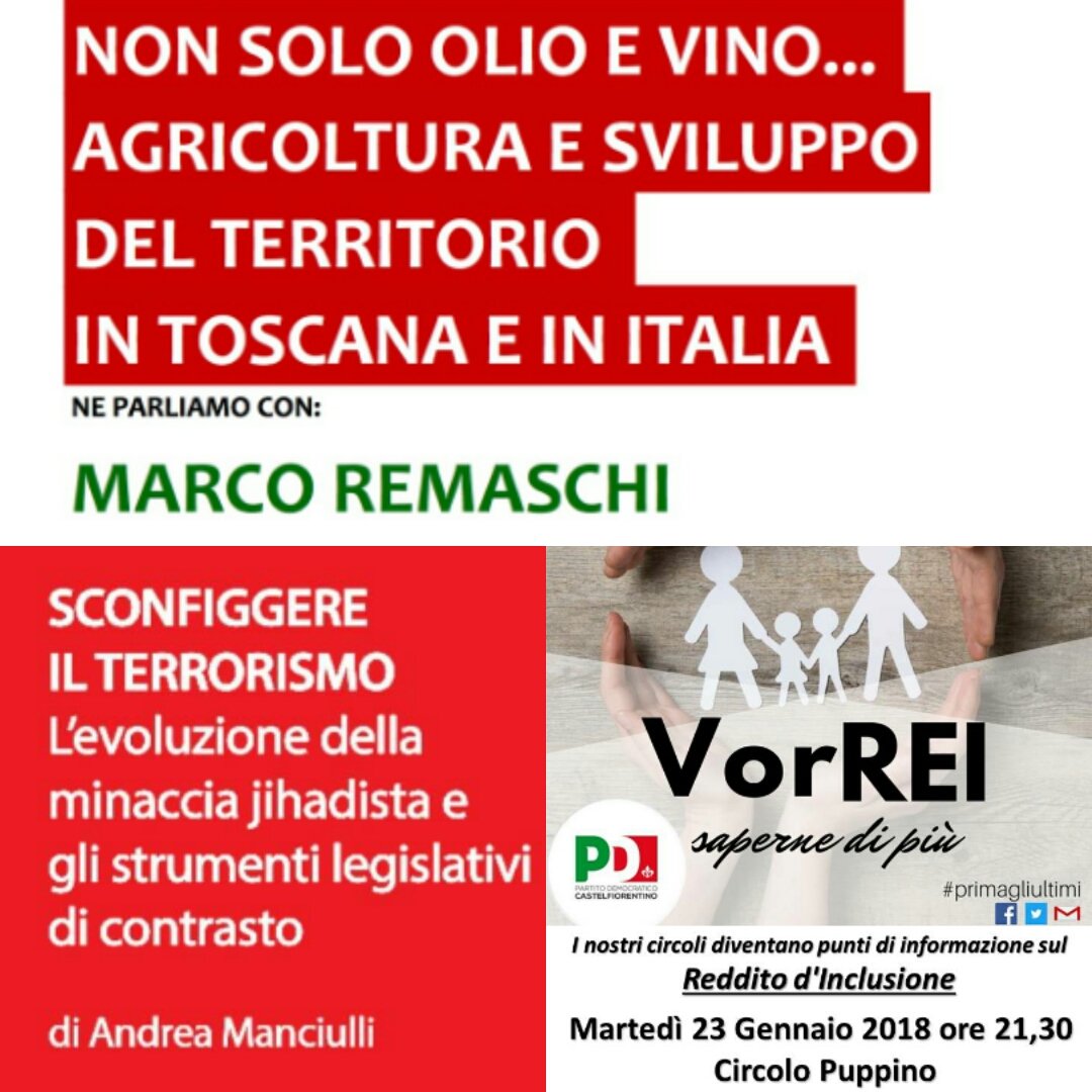 Anche oggi tante le iniziative de #lenostrecittà: si parla di sicurezza internazionale con #Manciulli a Empoli, di agricoltura con #Remaschi a Montespertoli; continuano le iniziative di circolo sul #Rei a Castelfiorentino.
#Elezioni2018 #Avanti