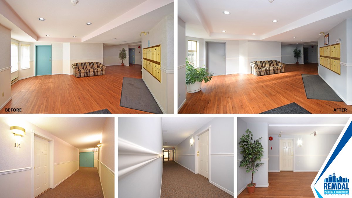 remdal's tweet photo. As Gray is so trendy and stylish right now, most of our clients want it in their interiors. Here’s another transition; from Beige to Gray. 
Now the lobbies and hallways at Vista Ridge, is more calming and elegant than ever before.
#Remdal #InteriorPainting #StrataPainting https://t.co/EFnXvVJSNW