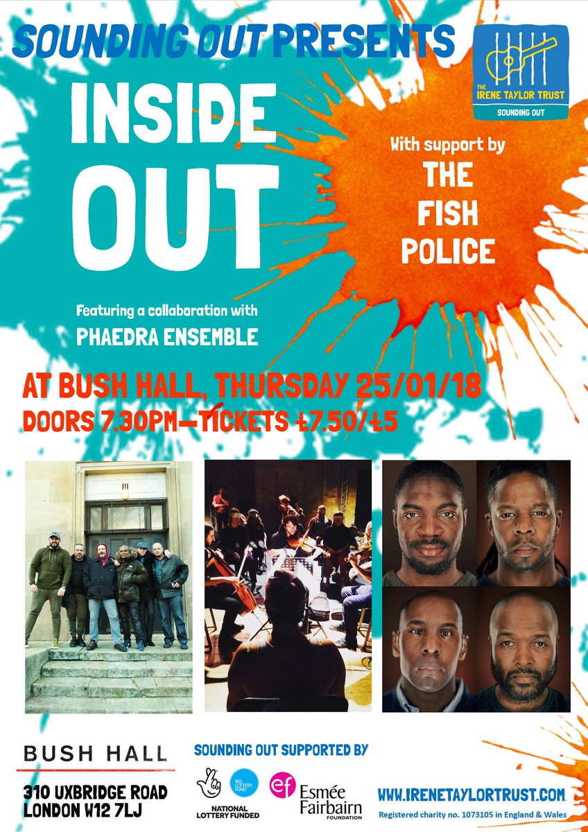 MusicinPrisons's tweet photo. #CharityTuesday - see our 2-year ex-prisoner programme #SoundingOut in action this Thurs @Bushhallmusic; current cohort #InsideOut take to the stage (as well as @phaedraEnsemble + @HeartnSoulArt's #TheFishPolice) - will be AMAZING; tickets £7.50/£5 from https://t.co/yq055xZEUH https://t.co/2TY6H4j5IJ