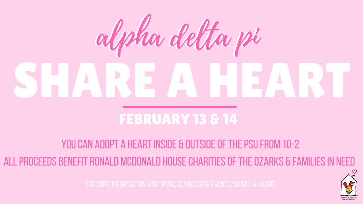 mostateadpi's tweet photo. ADPi Share a Heart is here!!! Come out to the PSU on Feb. 13th &amp; 14th from 10am-2pm to adopt a heart and donate to the Ronald McDonald House of the Ozarks! 💕 https://t.co/B65niAJNxw