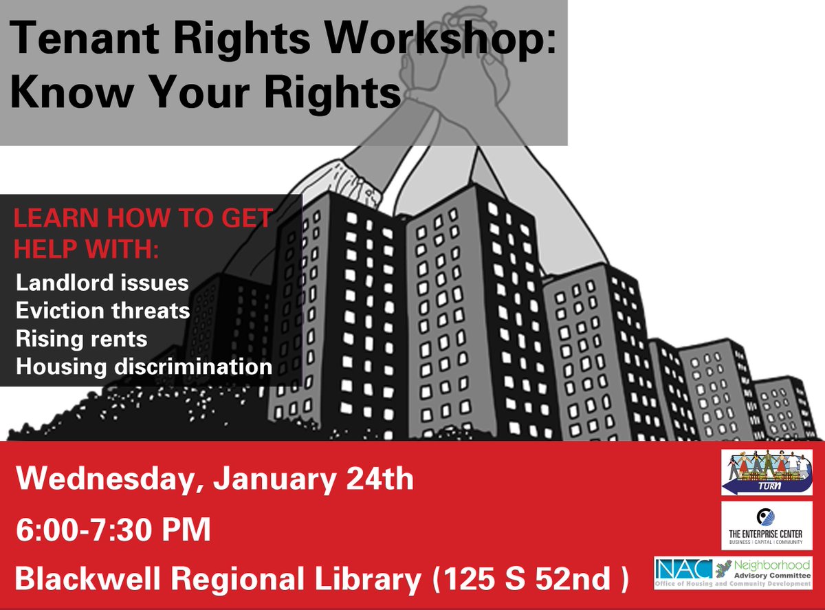 PhilaTEC's tweet photo. Our Tenant Rights Workshop is tomorrow at 6PM at the Lucien E. Blackwell West Philadelphia Regional Library on 52nd Street. Spread the word!  #knowyourrights #westphilly #tenants #philadelphia https://t.co/qfOuYhj1aJ