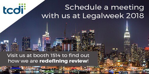 April_Marty's tweet photo. The TCDI team will be in New York for #legalweek18 Jan. 30 – Feb. 1.  We are unveiling exciting additions to our CV product suite. Stop by booth 1514 to see how we are redefining review or message @TCDI to setup a private demo. #reviewredefined #tcdi30 https://t.co/NrGtu9kNFu