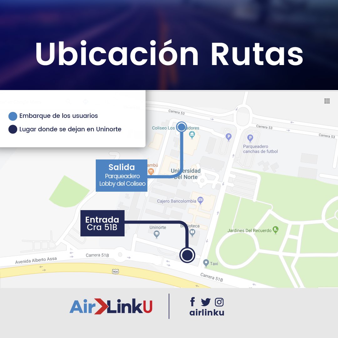 AirlinkU's tweet photo. Donde me recoge y me deja @AirlinkU en la @UninorteCO ? Estás son las ubicaciones donde están las rutas de @expresbrasilia Sigues sin descargar la #app que esperas! a partir del 29 de enero recarga en @DuNord_UN #asisivoyalau https://t.co/lXlVUj8SLH