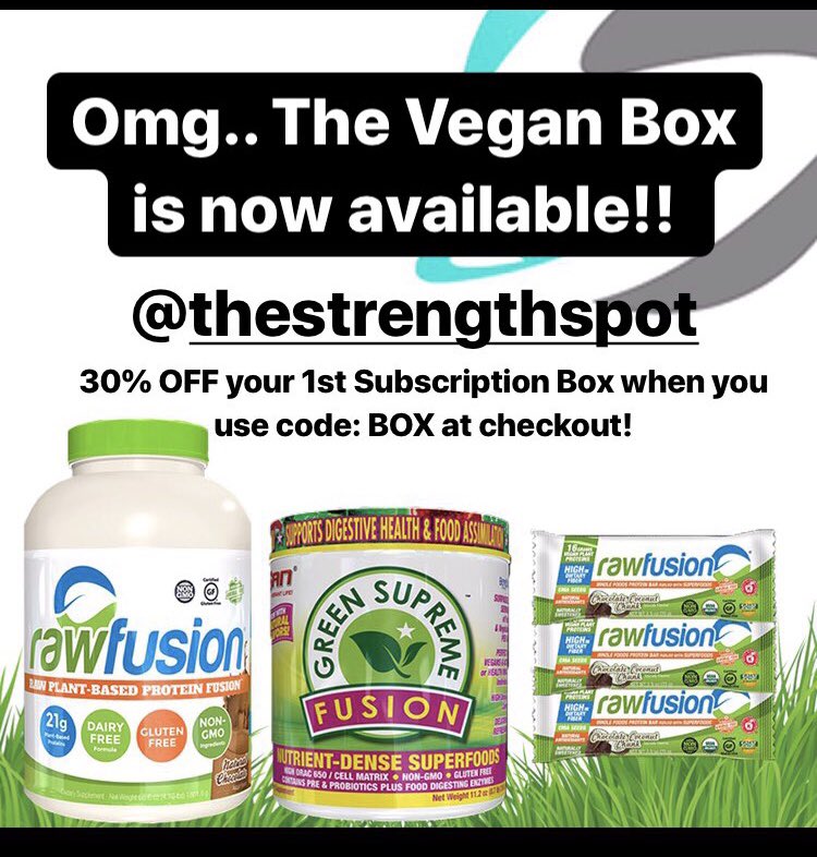 SammiSweetheart's tweet photo. Omg!! @thestrengthspot has a Vegan Subscription Box delivered right to your door monthly to help your fitness needs!! 30% OFF month one when you use code: BOX at checkout!! https://t.co/JO8bijodiE https://t.co/RyQ2ROZ6Ys
