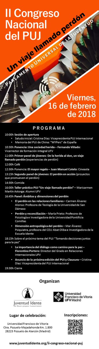 juventudidente's tweet photo. II Congreso Nacional del PUJ "Un viaje llamado perdón" Viernes, 16 de febrero de 2018 en la @ufvmadrid ¡Inscríbete! https://t.co/EVi3Bnfoph #WYPSpain #WYPForgiveness #juventudidente #PUJEspaña https://t.co/thcuemMhvz