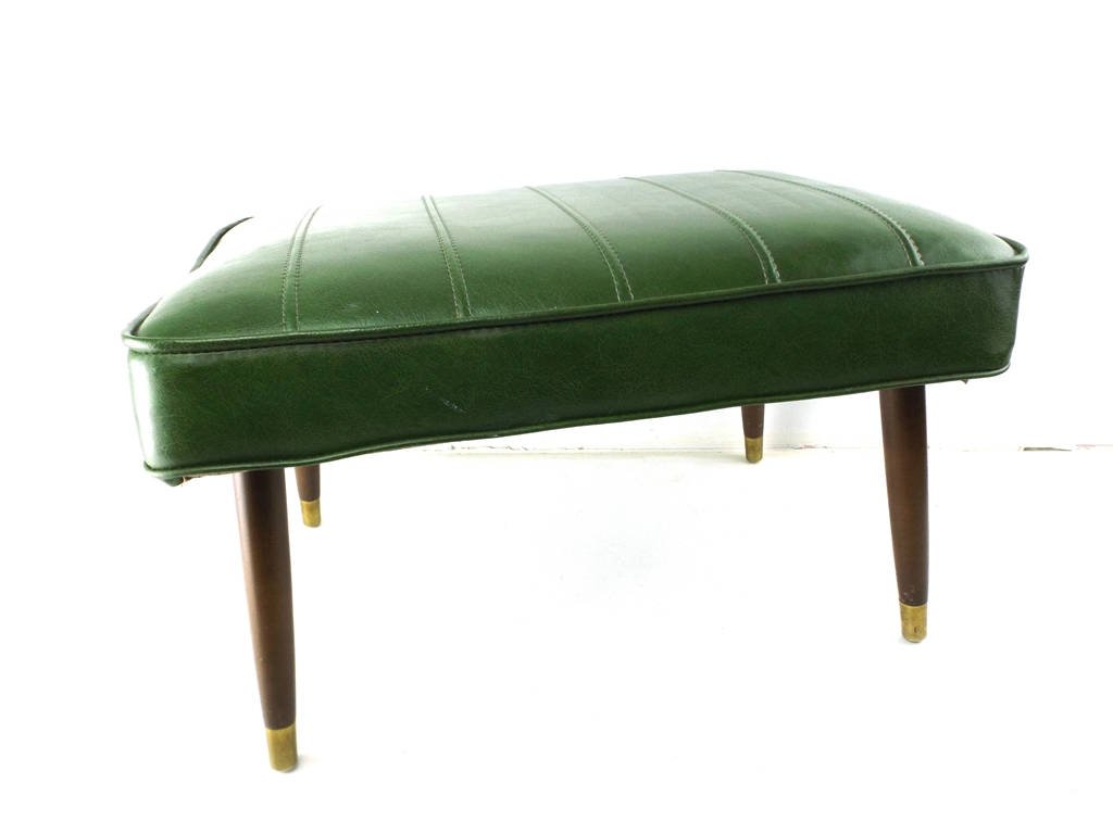 vintage footstool. green footstool. naugahyde footstool. upholstered. retro stool. large footstool. tapered wood legs. mid century modern etsy.me/2DzoooQ #furniture #brown #green #adult #midcentury #midcenturystool #footstool #vintagefootstool #paddedfootstool