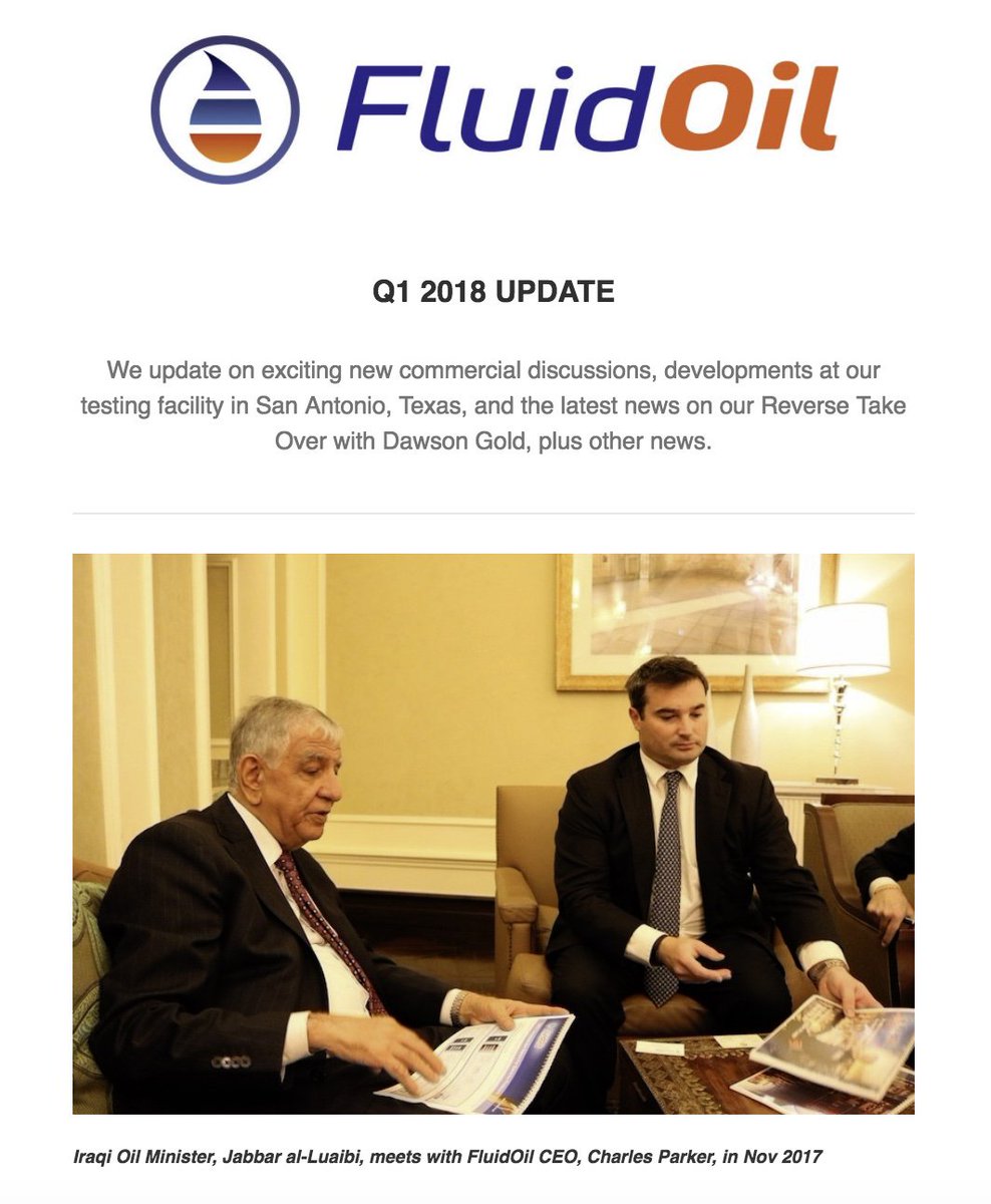 FluidOil's tweet photo. Our latest newsletter updates on exciting new commercial discussions, developments at our test facility in #SanAntonio &amp; the latest on our #RTO with #DawsonGold > https://t.co/QPlzGBcyR9 https://t.co/uokOkMd5lN