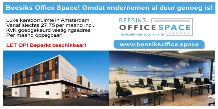 Voor de ondernemer die een vestigingsadres (€ 27,75 per maand) en/of kantoorruimte zoekt in Amsterdam! Dit is echt een superdeal. Kijk voor meer informatie op beesiksoffice.space. Helemaal geweldig wanneer je dit wilt delen!