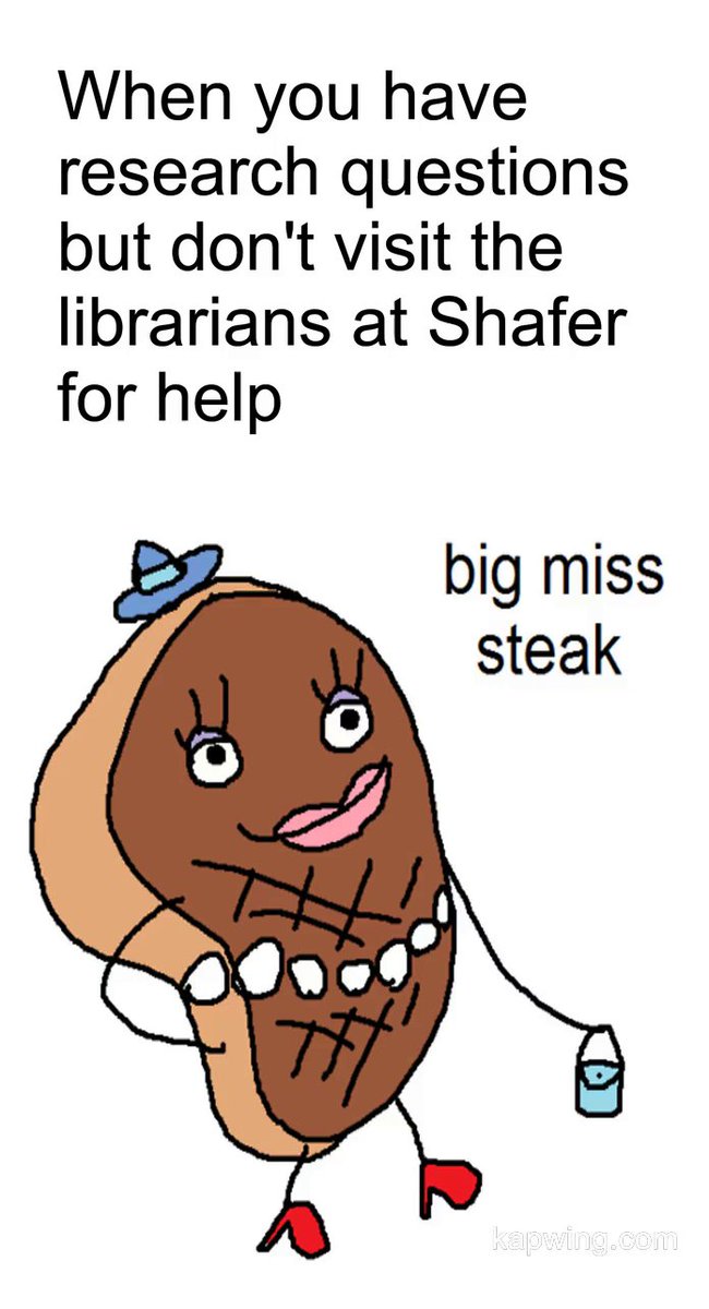 ShaferLibrary's tweet photo. Don't be #MissSteak--there is a librarian for every college at UF! Please please please visit us if you have questions about the research process. π #UFindlay #ShaferLibrary #AskUs https://t.co/2pXz4ilV0S