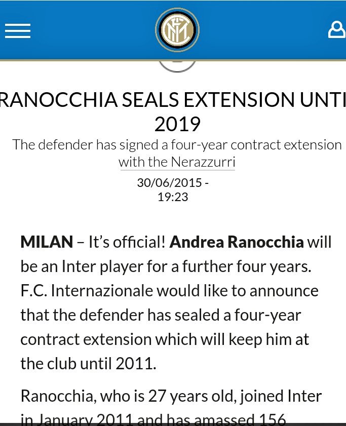 July 2015 - Inter thought it would be wise for them to extend Ranocchia contract in order to avoid another Bonucci move. Here they are trying to offload the same player each season. They even made a mistake in the statement