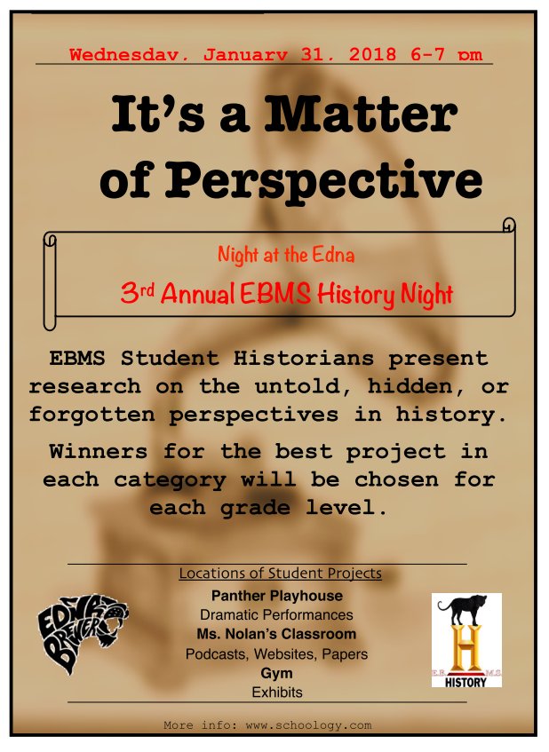 EBMS Student Historians present research on the untold, hidden, or  forgotten perspectives in history. Winners for the best project in each  category will be chosen for each grade level.