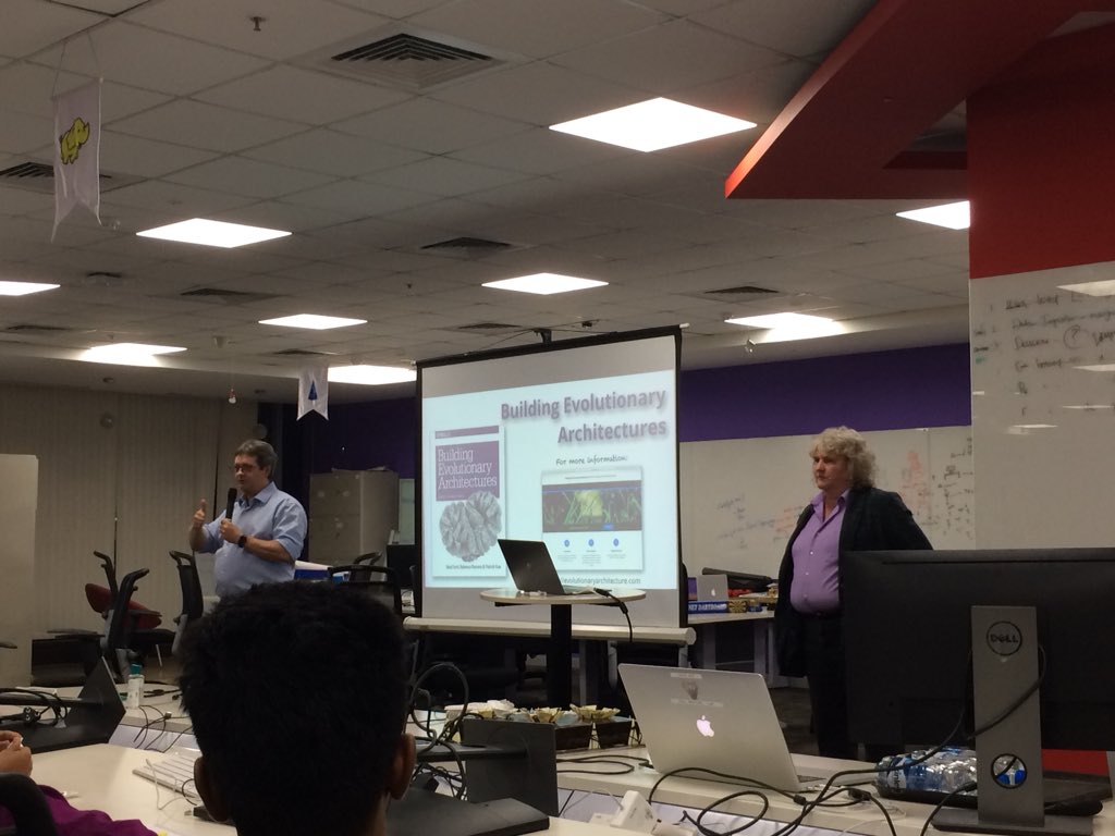 execudev's tweet photo. Great presentation by @rebeccaparsons and @neal4d at @thoughtworks Chennai on #EvolutionaryArchitectures and how we should think about architecting our systems. Top notch! 👍 https://t.co/ucyVH44qS8