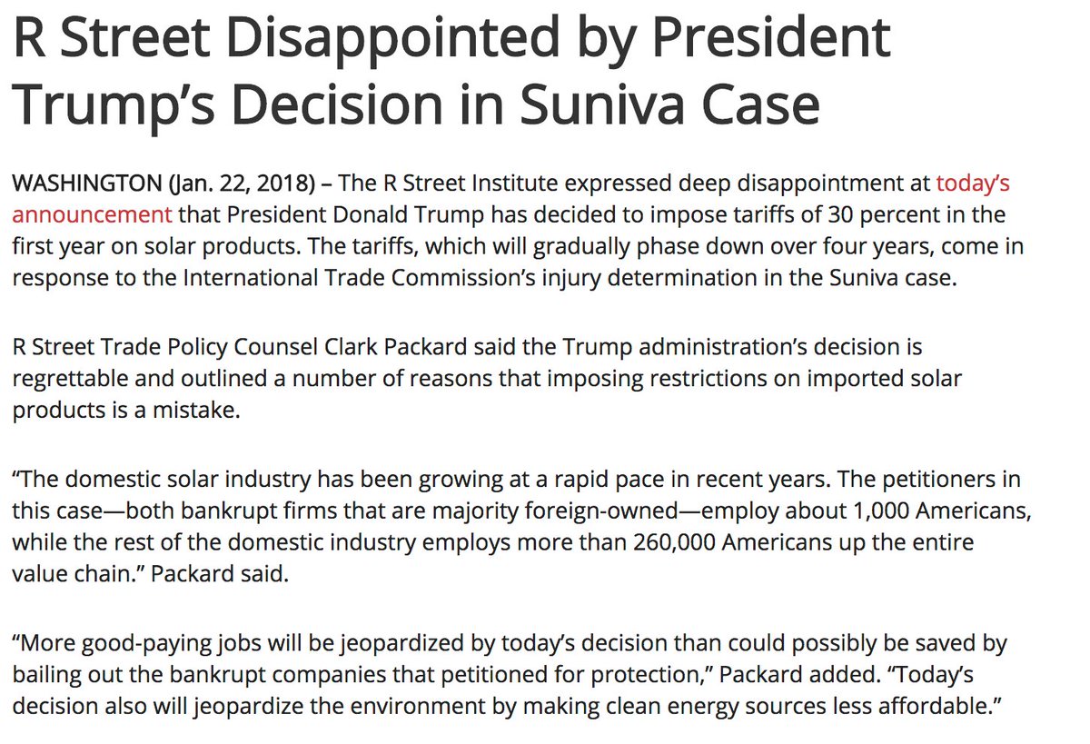 RSI's tweet photo. R Street Disappointed by President Trump’s Decision in Suniva Case https://t.co/mb9dCyPSF8
#Solar #suniva @clark_packard https://t.co/JENAb0OJfA