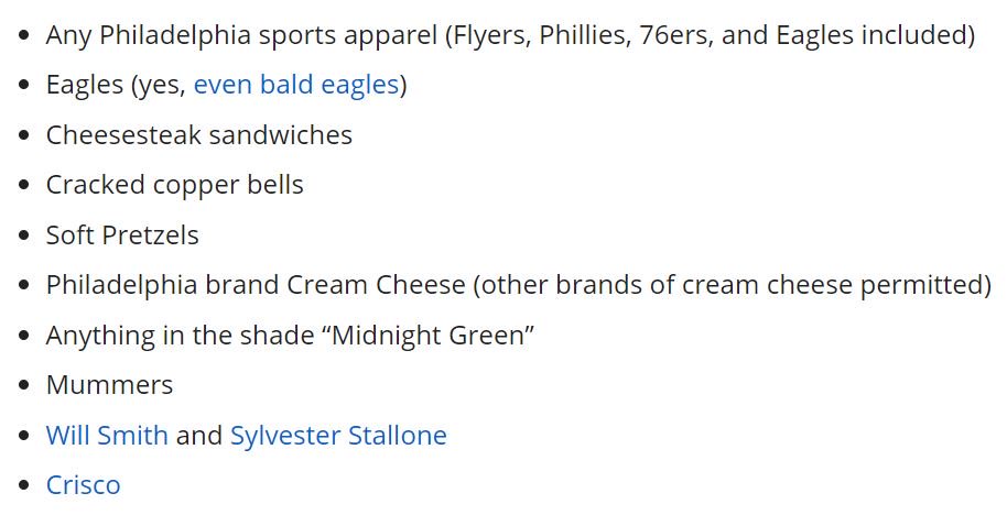 OnlyInBOS's tweet photo. The Esplanade Association, the nonprofit stewards of the 64-acre Charles River Esplanade in Boston has banned the following Philadelphia items, people, &amp; animals in the 3.5-mile stretch from the Museum of Science to the Boston University Bridge now until February 5th...#SuperBowl https://t.co/RZcOLYBmce