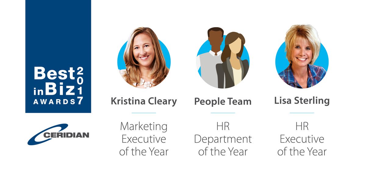 MHTShiro's tweet photo. .@Ceridian wins three @BestinBizAwards in the Executive and Team categories! Congratulations to our leaders @KristinaCleary, @LisaMSterling and our entire People Team for these accomplishments. https://t.co/RU7KORe8oa #BiBA2017 https://t.co/h8oHRk51uA