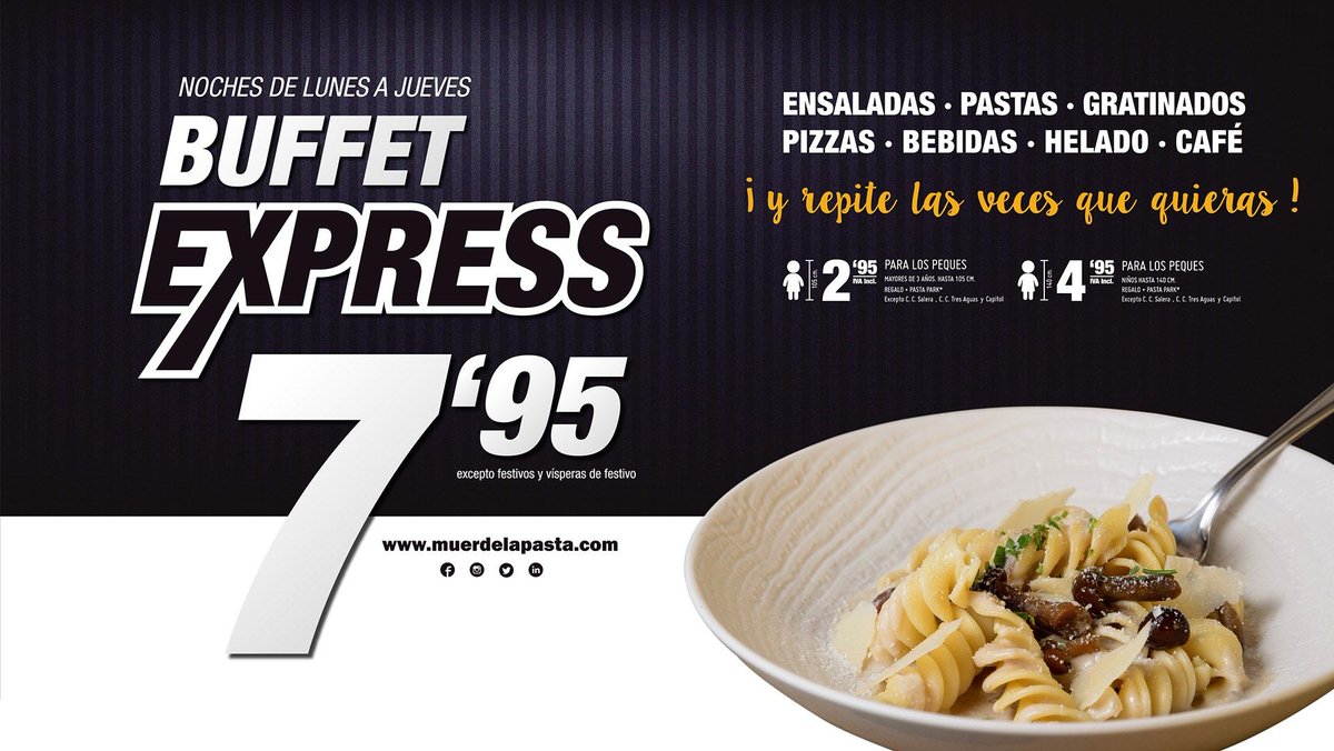 laljub's tweet photo. ¿No te has enterado? ¡Ahora en @MuerdeLaPasta tienes el #BuffetExpress a 7,95€ todas las noches de lunes a jueves a partir de las 20h! Disfruta de tu buffet de pizzas, ensaladas, pastas, gratinados, helado y café 🍕🥗🍝🍨🍵 https://t.co/KPYGrdVEC2