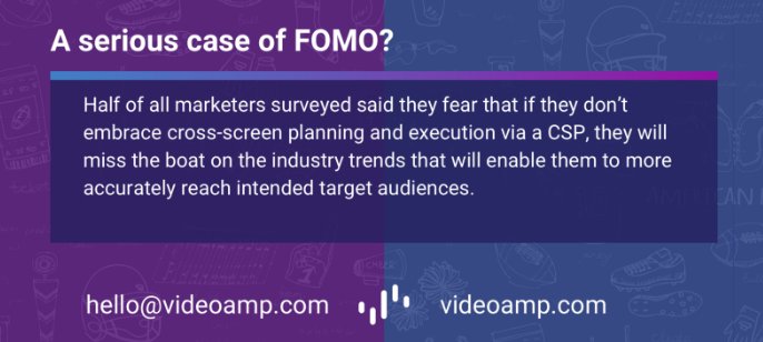 Video_Amp's tweet photo. 85% of Brands and Agencies reported a serious case of #FOMO, fearing that failure to orchestrate cross-screen campaigns would be detrimental to their overall Marketing efforts https://t.co/g5ZUtP8JPh #CrossScreen #AdvancedTV #OTT #DigitalVideo https://t.co/SmGNWEH000