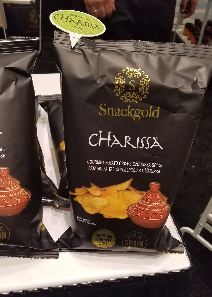 TradeShowExp's tweet image. Potato chips are going premium like this example from @Snackgold at this year's @Specialty_Food Winter Fancy Food Show. The product features a special Charissa spice mix for that spicy taste. #fancyfoodshow #snacks