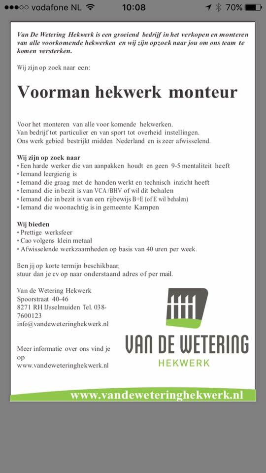 Wegens de groei van ons bedrijf zijn wij nog opzoek naar een #voorman #hekwerk #monteur! Wie komt ons team versterken en gaat deze mooie functie vervullen? Delen=👍