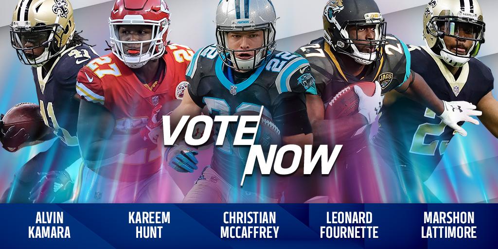 NFL's tweet photo. VOTE for the @pepsi Rookie of the Year!

Tweet player's name + #NFLROTY:
Kamara. Hunt. McCaffrey. Fournette. Lattimore. https://t.co/vv3z3SAc3G
