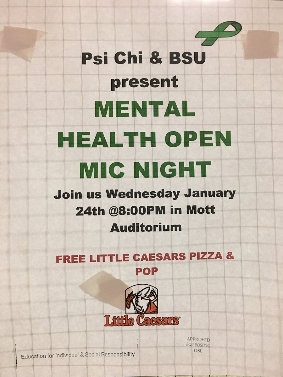 OlivetBSU's tweet photo. Come out and get involved in Mental Health Open Mic Night! Who doesn’t love free pizza? https://t.co/diX73wFeqF