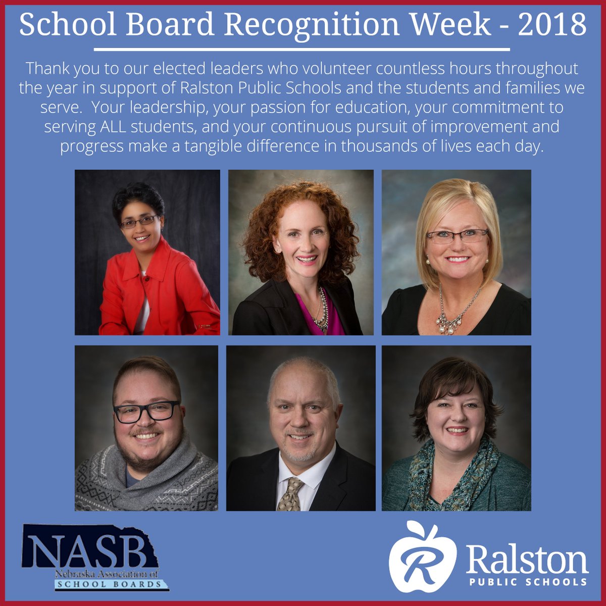 To Mrs. Linda Richards, Mrs. Tresha Rodgers, Mrs. Deb Gerch, Dr. Jay Irwin, Mr. Mike Overkamp, and Mrs. Heather Johnson, our heartfelt 'thanks' for your meaningful service for the students and families of Ralston Public Schools. #SchoolBoardAppreciationWeek